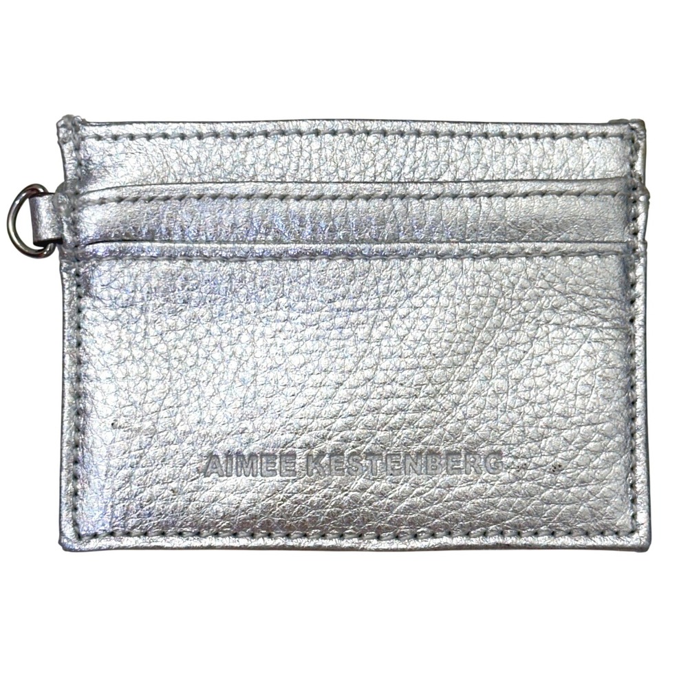 Aimee Kestenberg Silver Metallic Pebbled Leather Card Holder Wallet D-Ring
